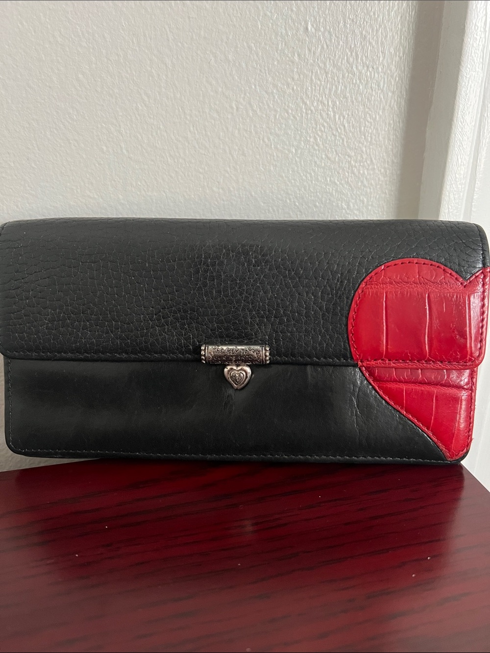 Brighton Black Leather Wallet/Crossbody with Red Heart Detail